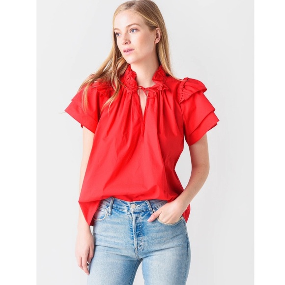 HUNTER BELL Tops - Hunter Bell Blouse Millie Short Sleeve Ruffle in Red